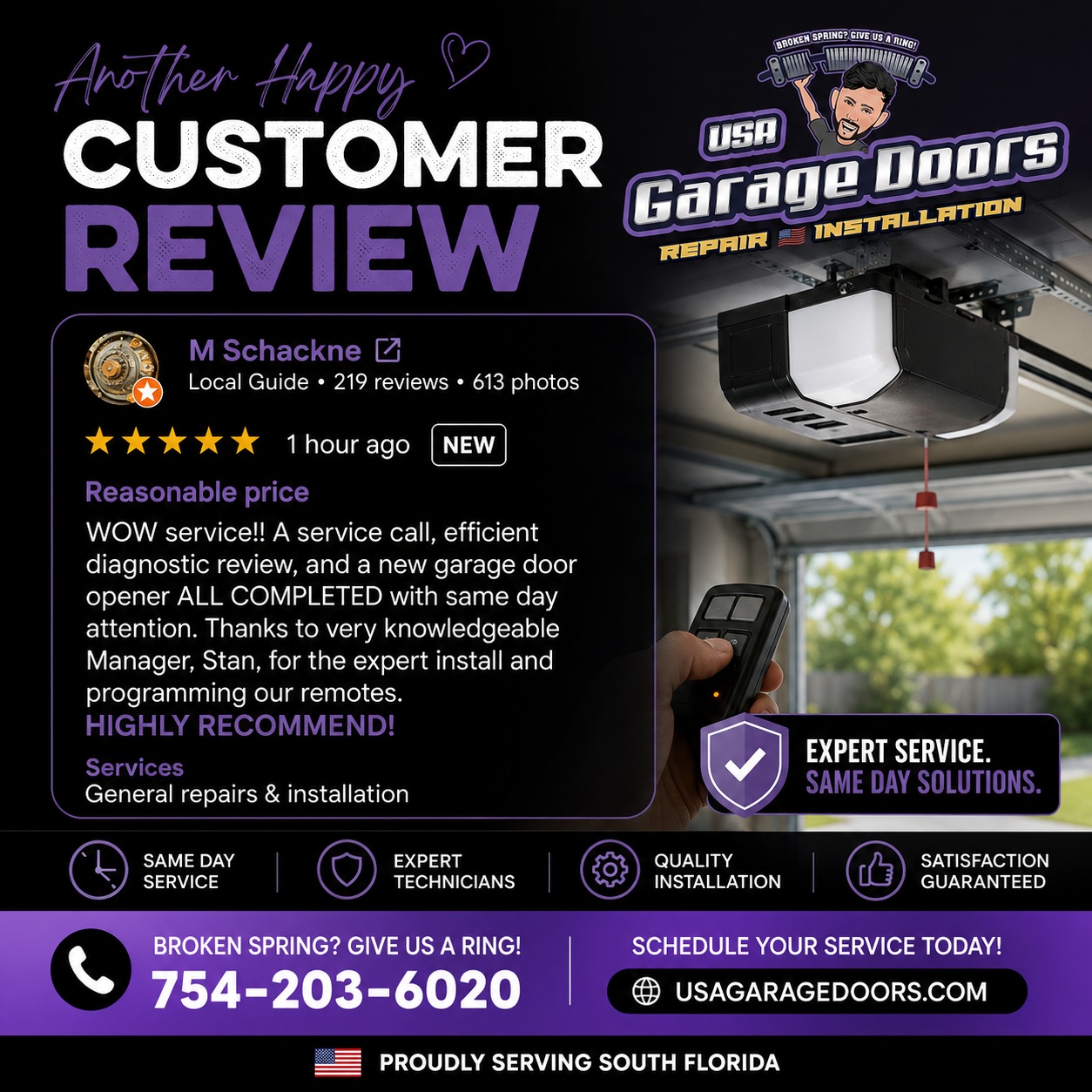 ⭐ Another happy customer! ⭐

Fast diagnostics, expert garage door opener installation, and same-day service—that’s what 