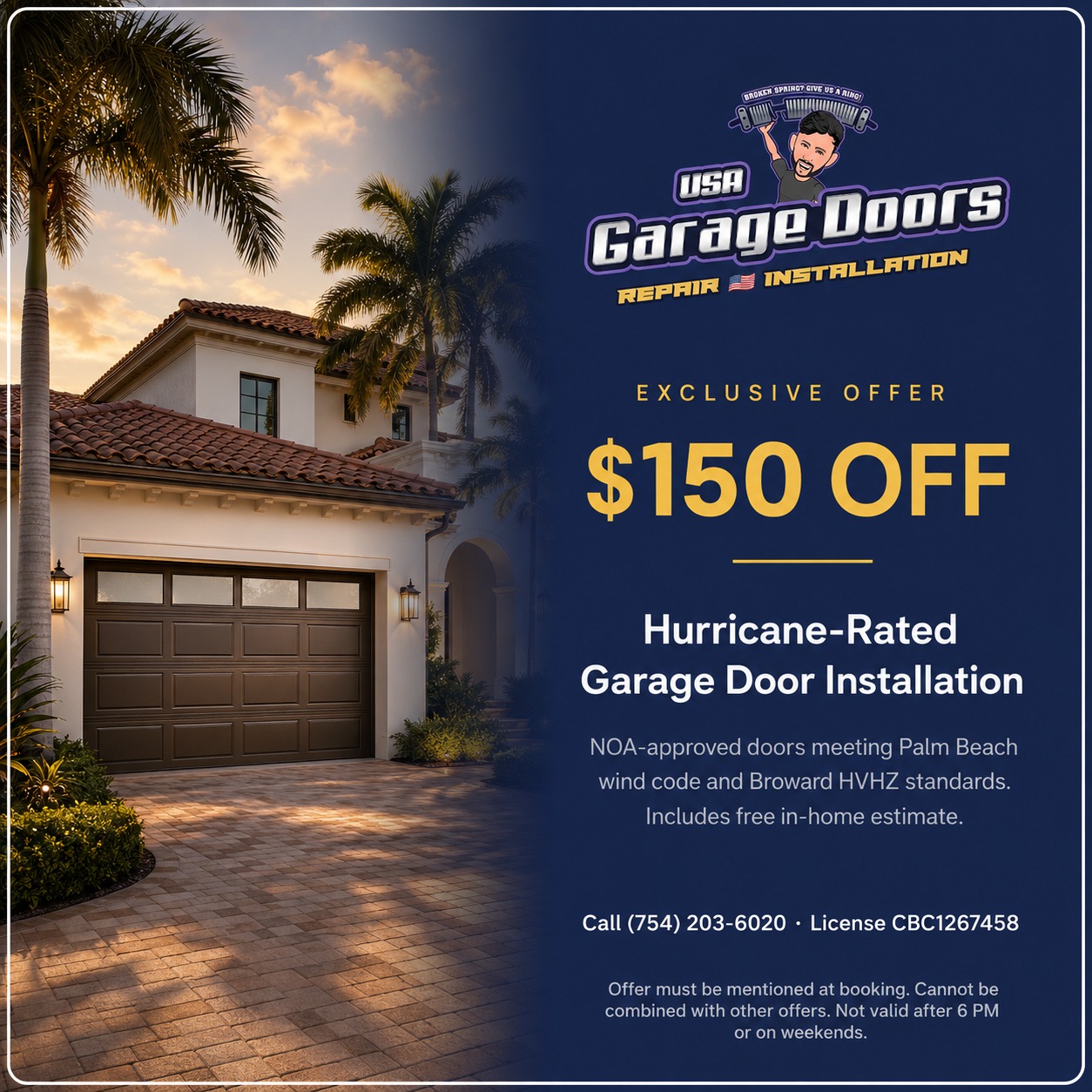 Hurricane season starts June 1 — get your garage door ready before the rush. Save $150 on any new hurricane-rated garage